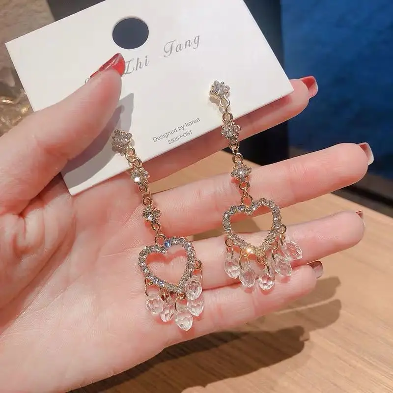 

ZDMXJL Korean Fashion Vintage High Class Fine Women Earring Heart Baroque Crystal Dangle Earrings Jewelry pandora 925 original