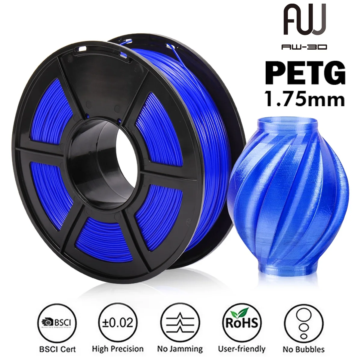 

AW 3D PETG Filament 1.75mm 1KG/2.2LBS Accuracy +/- 0.02mm 100% No Bubble Sublimation With Spool Translucence Material Plastic