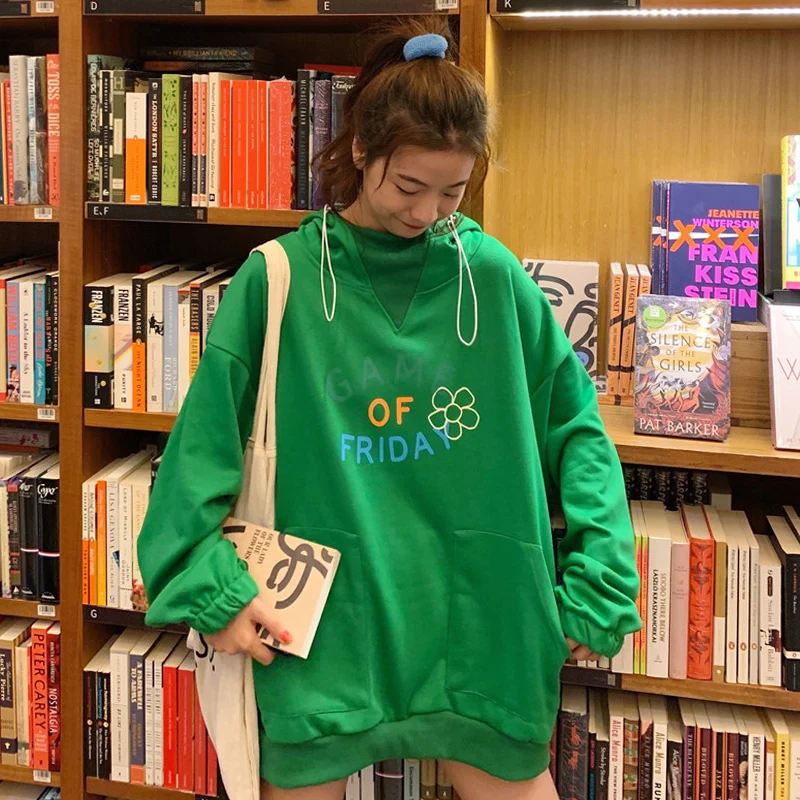 Женская толстовка с капюшоном и принтом в Корейском стиле|Женские толстовки
