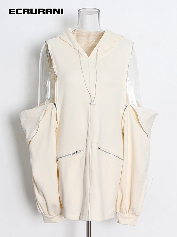 

Минималистский однотонный Свитшот ECRURANI для женщин с капюшоном и длинным рукавом, лоскутное шитье, на молнии, свободные Модные свитшоты, женские 2021 стильные