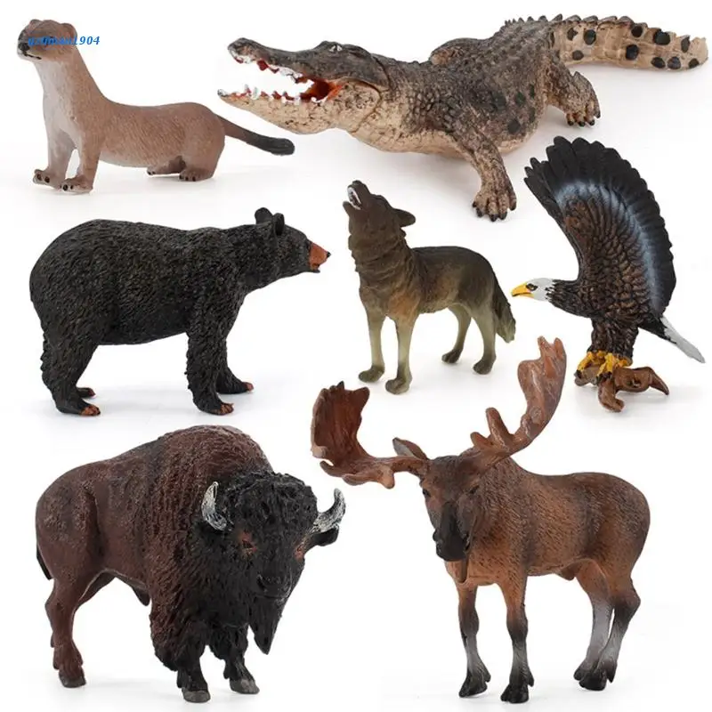 

P15D 7 Pcs Animal Figurines Toys North America Figures Deer Wolf Bear Jungle Forest Woodland Animals Set or Toddlers Kids