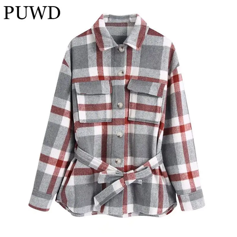 

PUWD Oversize Women Turn-down Collar Bow Lace Coat 2021 Autumn Fashion Ladies High Street Jacket Female Plaid Shirt Coat Top