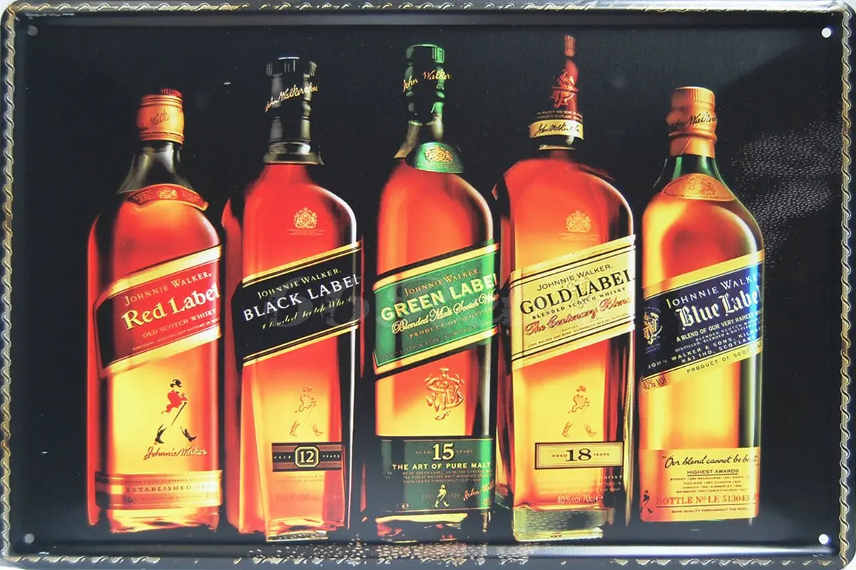 

Johnnie Walker, Whiskey Metal Tin Sign, Vintage Style Wall Ornament Coffee & Bar Decor, Size 8" X 12"
