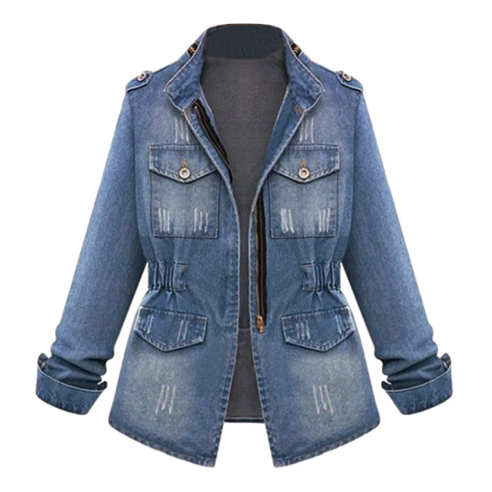 

Oversized Casual Womens Ladies Denim Harajuku Jeans Chain Jacket Pocket Coat Zipper Waist Making Old Women's Denim Jacket Tops