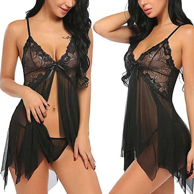 

Women Hot Sexy Sleepwear Nightdress Spaghetti Strap Sleepdress V Neck Lace Visible Mesh Lingerie Babydoll Nightgown With Thong