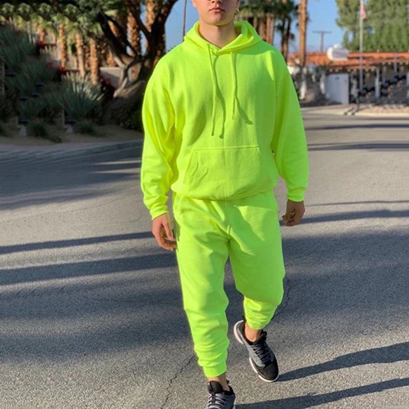 

Neon Green Style Men's Fashion Tracksuit Solid 2 Pieces Long Sleeve Hoody+Loose Swearpants Casual Sportsuit Men 2021 Newest