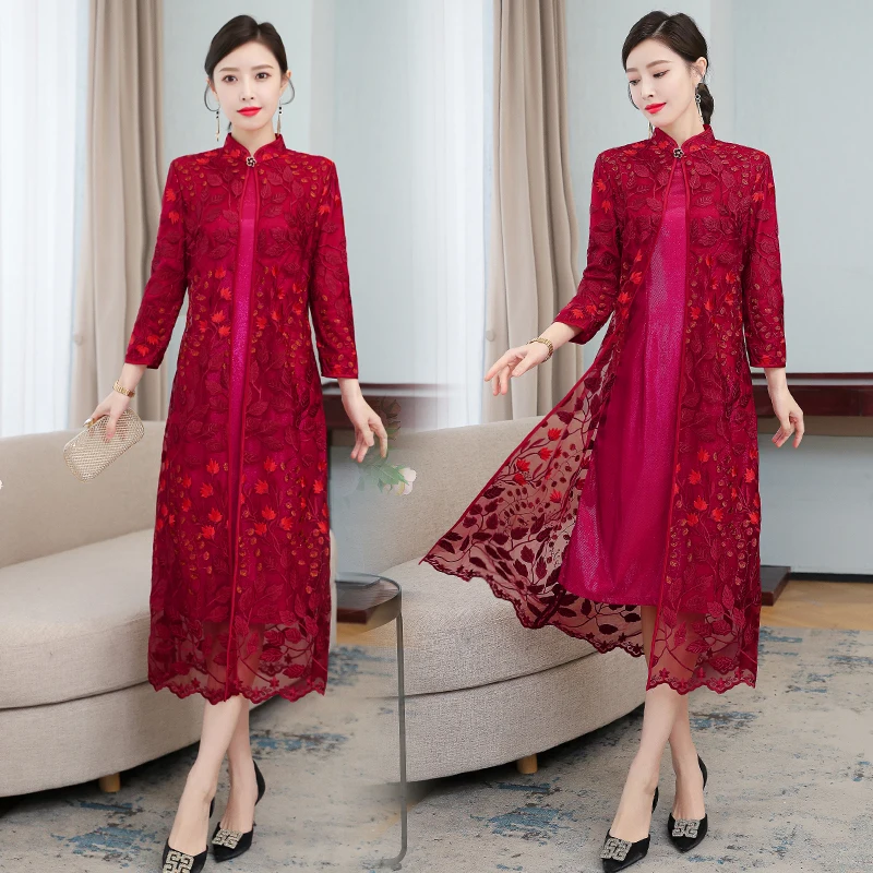 

COIGARSAM Women Dress Autumn 2021 New Office Lady Long Sleeve Solid Lace Stand Neck Wine Red Dresses Traf Robe Vestidos