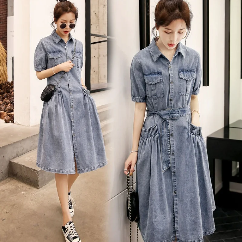 Платье женское джинсовое с коротким рукавом свободное Сетчатое красное платье