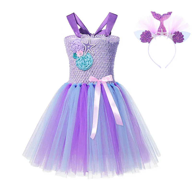 Dress Set 02 Связанные крючком бретели Платье русалки для девочек Карнавальный костюм детские мини фиолетовые платья Детские вечерние платья принцессы Ариэль на Хэллоуин пачка - Цвет: Dress Set 02