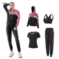 womens tracksuit 2021 casual patchwork hooded collar coato neck short sleeves t shirttrouserssport bra breathable sport sets