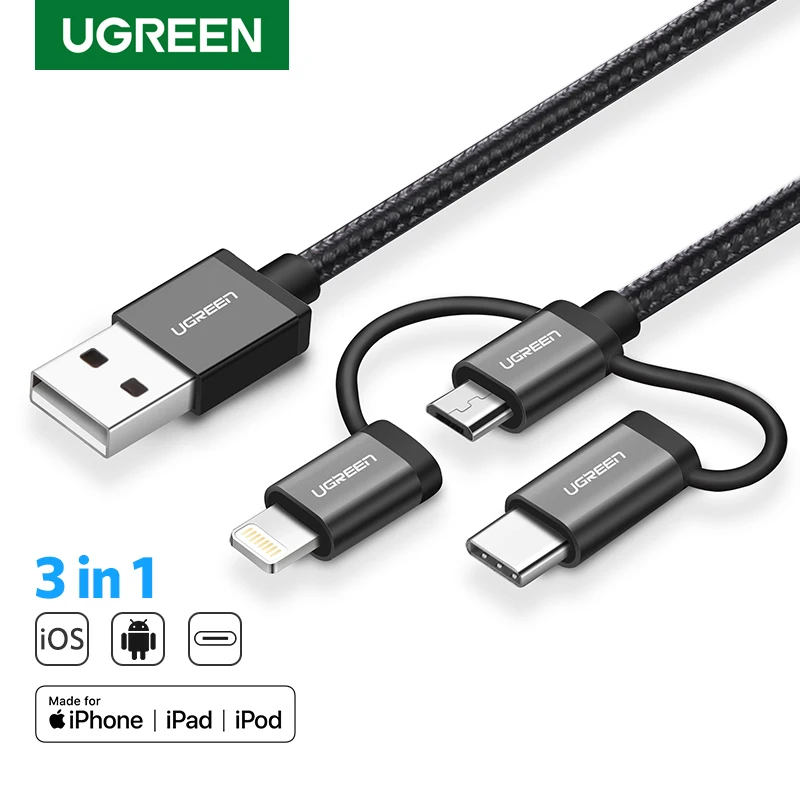 Ugreen 3 в 1 Lightning USB кабель для iphone 8 7 Micro USB кабель быстрой зарядки Тип USB C для OnePlus 5 Samsung Galaxy S8 LG V3