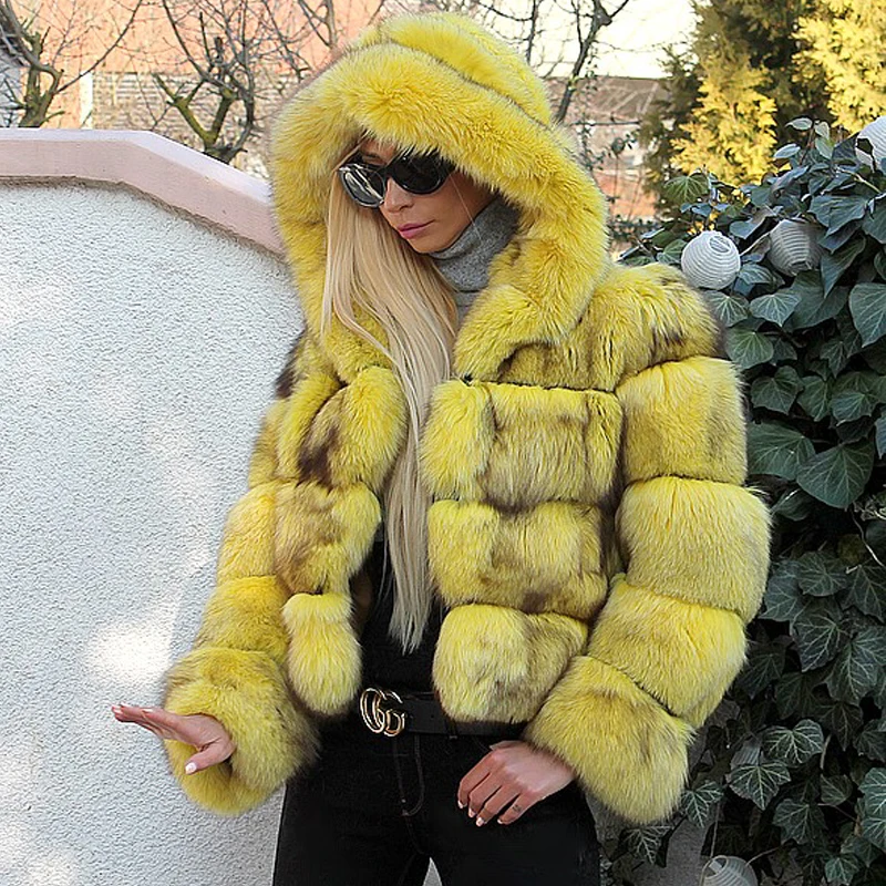 Luxury Women Yellow Fur Coats Natural 2022 New Winter Fashion Real Fox Fur Jacket With Hood Thick Warm Overcoats Trendy Woman