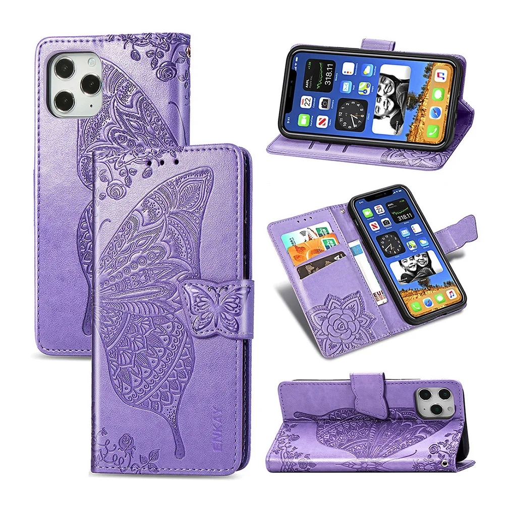 

Flip Case for iPhone 12 12 Pro Embossed Butterfly PU Leather Protective Wallet Folio Cover with Kickstand Card Slots