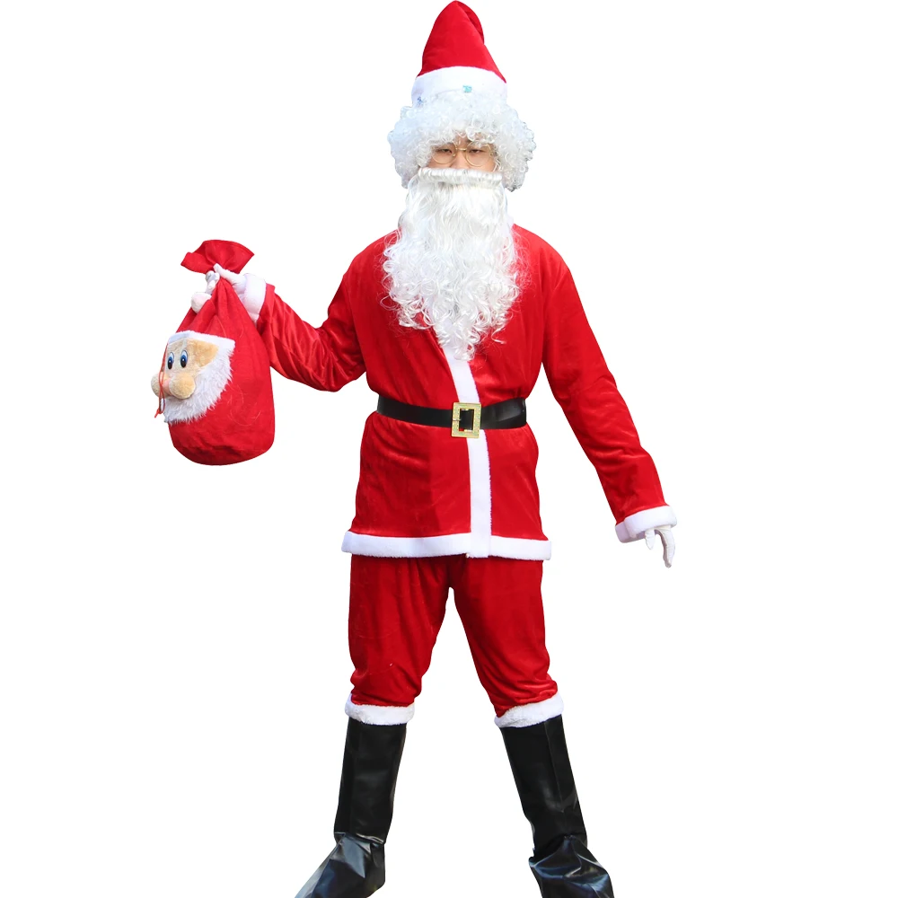 Santa Claus Costume Suit Plush Father Fancy Clothes Xmas Adult Cosplay Props Men Coat Pants Beard Belt Hat Christmas Set | Тематическая