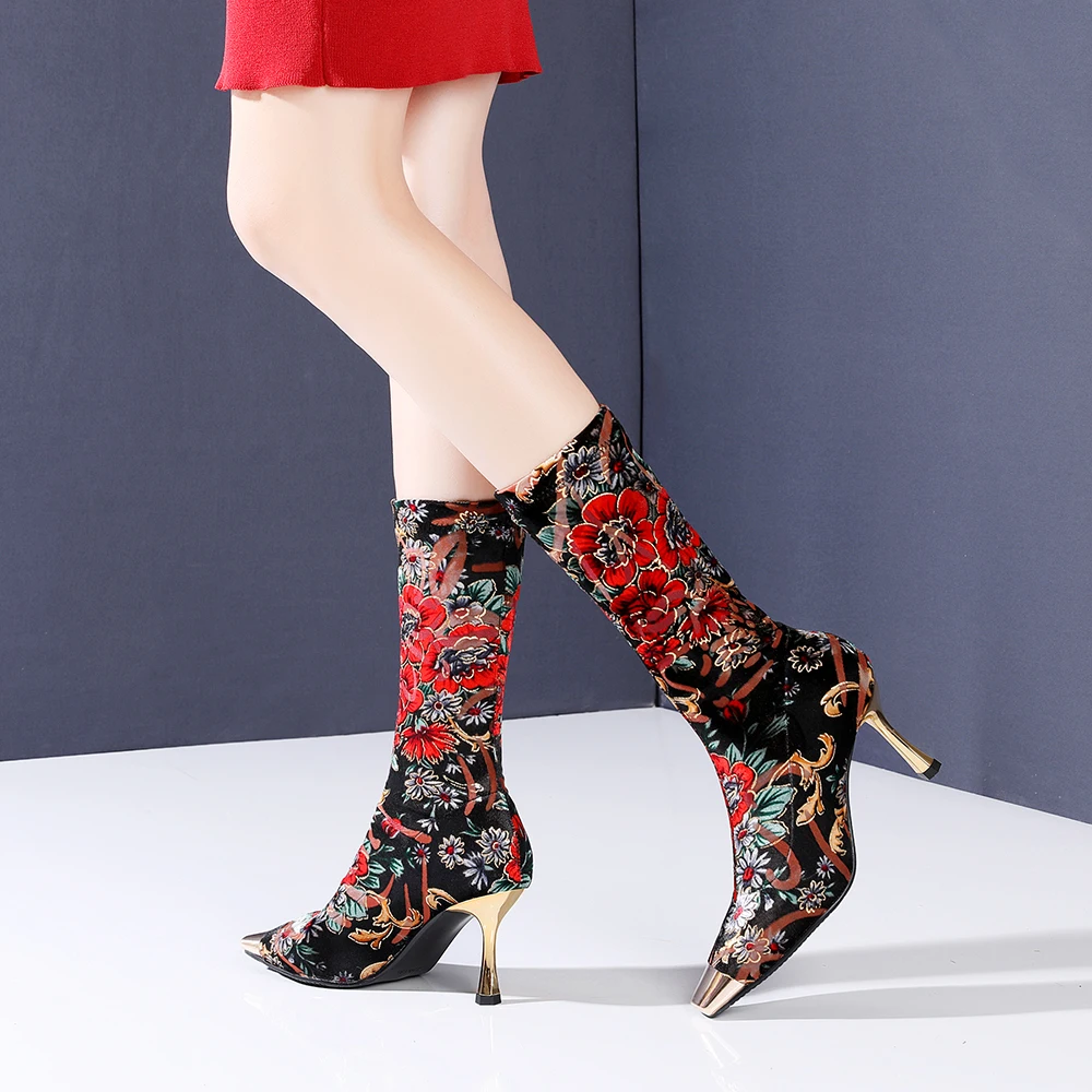

Aliona Shoo Women Ethnic Sock Boots Metal Square Toe Flower Print High Heels Shoes Gold Stiletto Heels Ankle Booties Woman 34-40