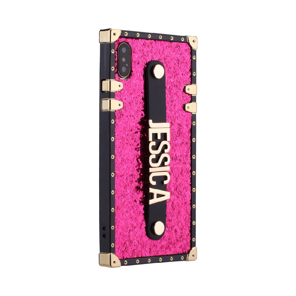 Hot Pink На заказ блестящий чехол для багажника с держателем на ремешке Золотой металлический персонализированный именной чехол для телефона для iPhone 11 Pro 6S XS Max XR 7 7Plus 8 8Plus X - Цвет: Hot Pink