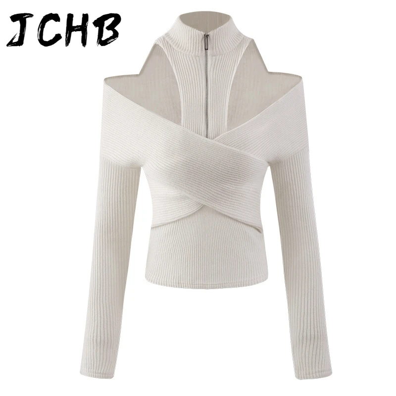 

JCHB 2021 New Spring And Summer Fashion Casual High Collar Off Shoulder Cross Short Slim Long Sleeve Top Knitwear Women SH195