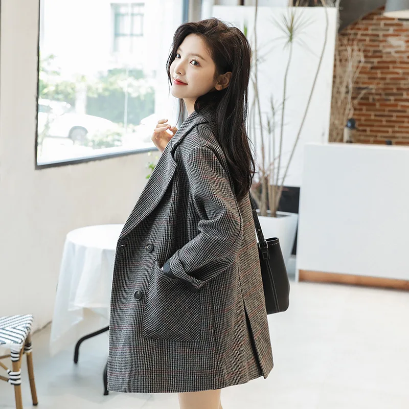 Women 2019 FW Double Breasted Plaid Tweed Blazer and Jacket | Женская одежда