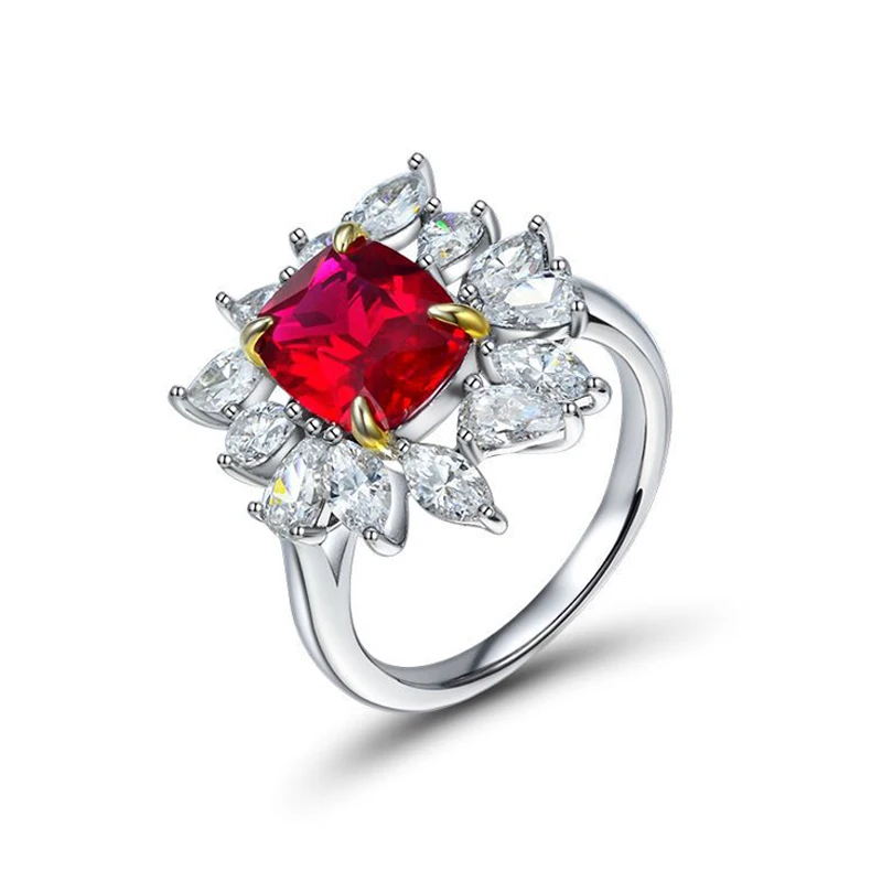 

COSYA 100% 925 Sterling Silver Geometric Red Rings Mosic Diamonds Rectangular 8*10mm Elegant Retro Women Ring Party Fine Jewelry