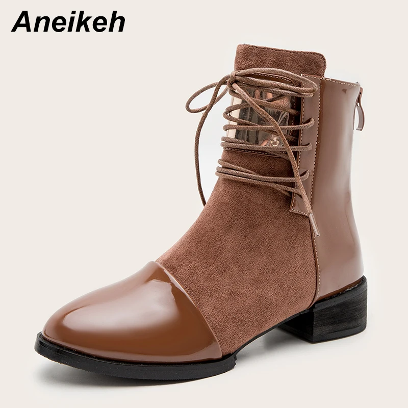 

Женские высокие ботинки Aneikeh из искусственной кожи и флока, с перекрестной шнуровкой, 2021, белые туфли на платформе, Металлические Блестящие ...