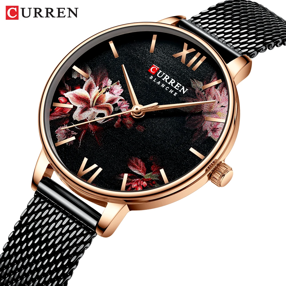 

Часы CURREN женские кварцевые, черные повседневные очаровательные наручные, с сетчатым браслетом из нержавеющей стали