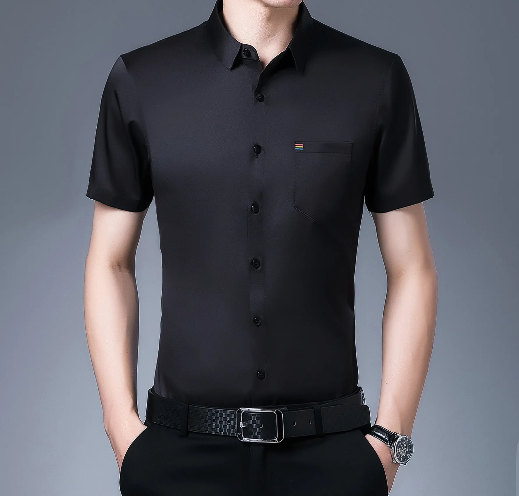 

Ice silk short sleeve shirt men's trend slim summer inch black white shirt solid color leisure