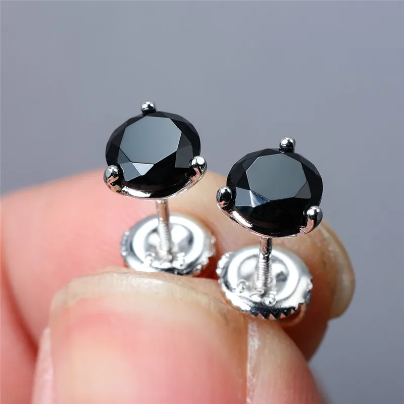 

Minimalist Female 6/7/8mm Black Round Stone Earrings Real 925 Sterling Silver Earrings For Women Punk Small Screw Stud Earrings