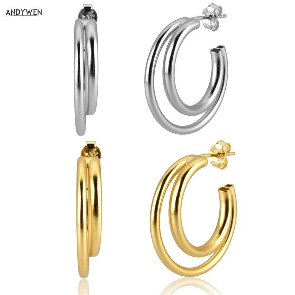 

ANDYWEN 925 Sterling Silver Gold Big Double Circle Hoops Earring Large Hollow Cross Pendiente Luxury Women Ohrringe Jewelry