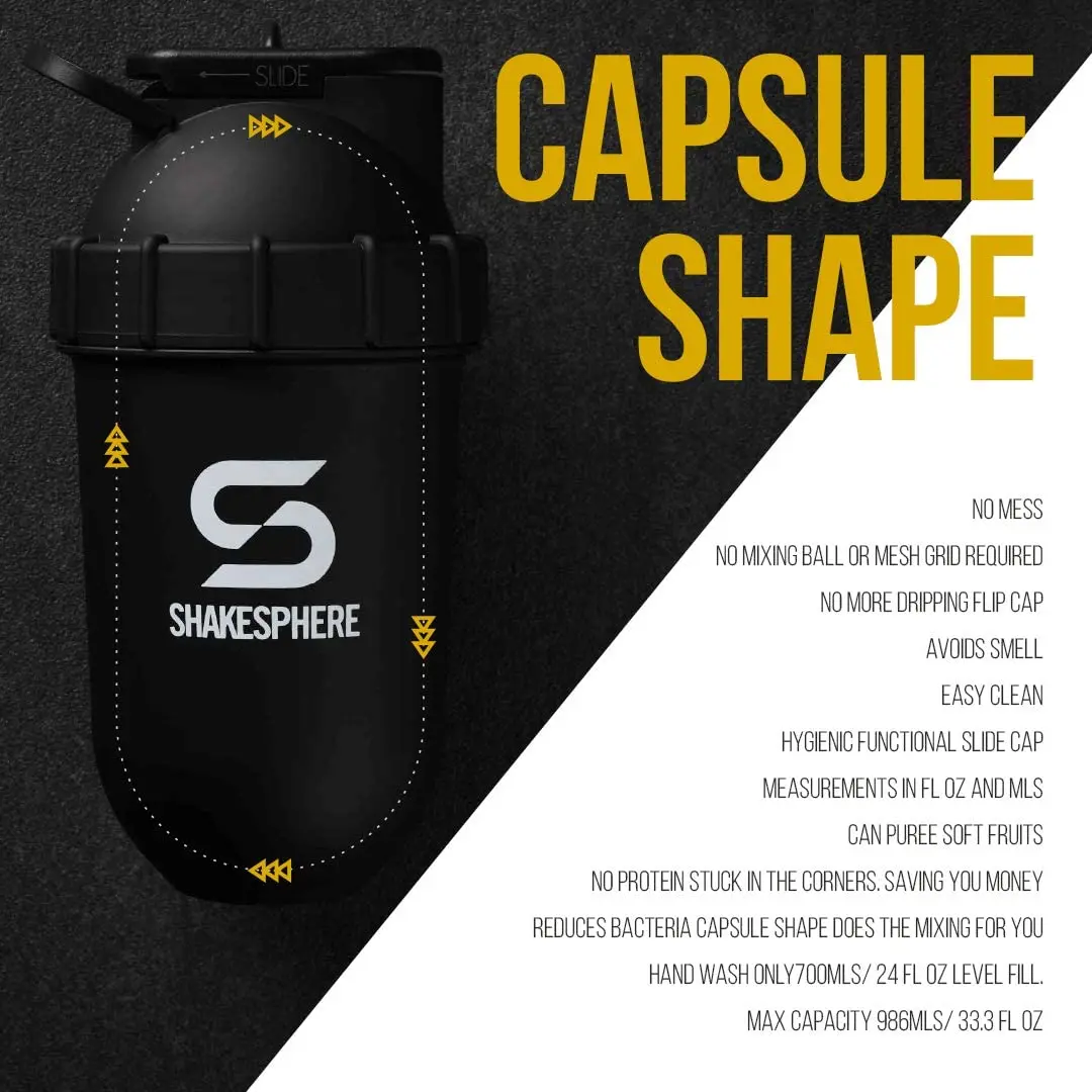 

ShakeSphere Tumbler View: Protein Shaker Bottle with Side Window, 24oz Capsule Shape Mixing Easy Clean Up No Blending Ball