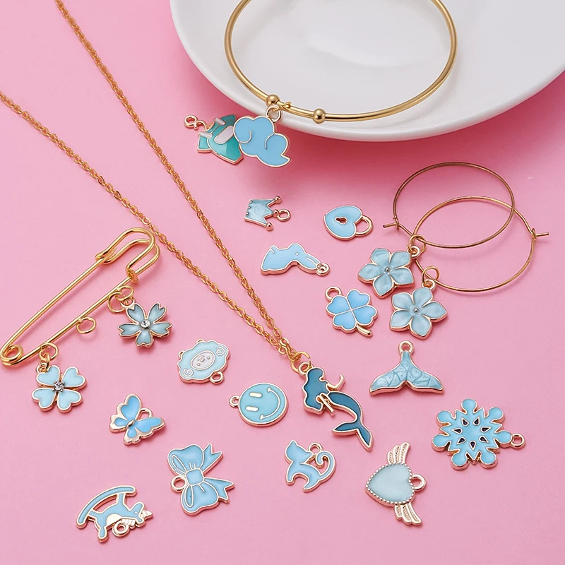 Mix 30pcs/pack Baby Blue Enamel Charms Snow Flower Heart DIY Earrings Bracelet Pendant Neacklace Accessories For Jewelry Making - купить по