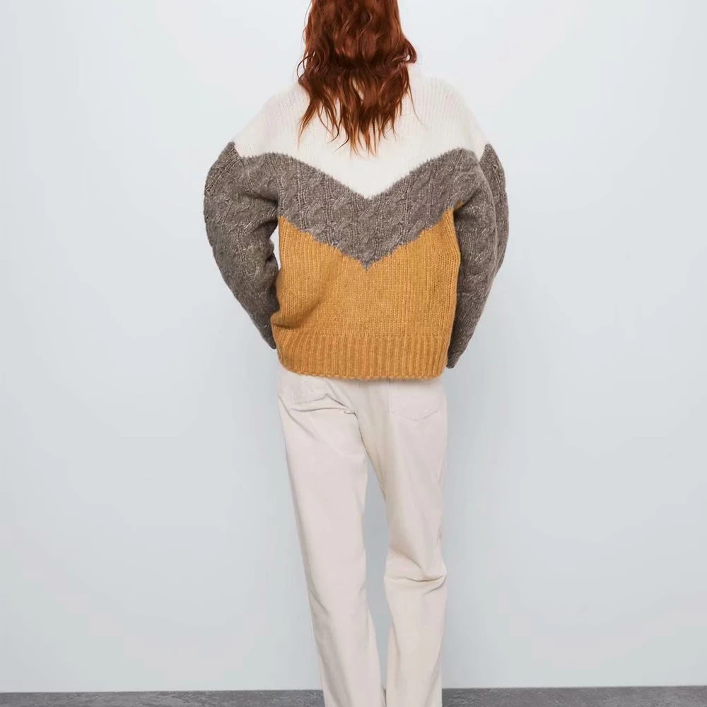 ZA новый весенний женский белый коричневый желтый контрастный вязаный свитер с