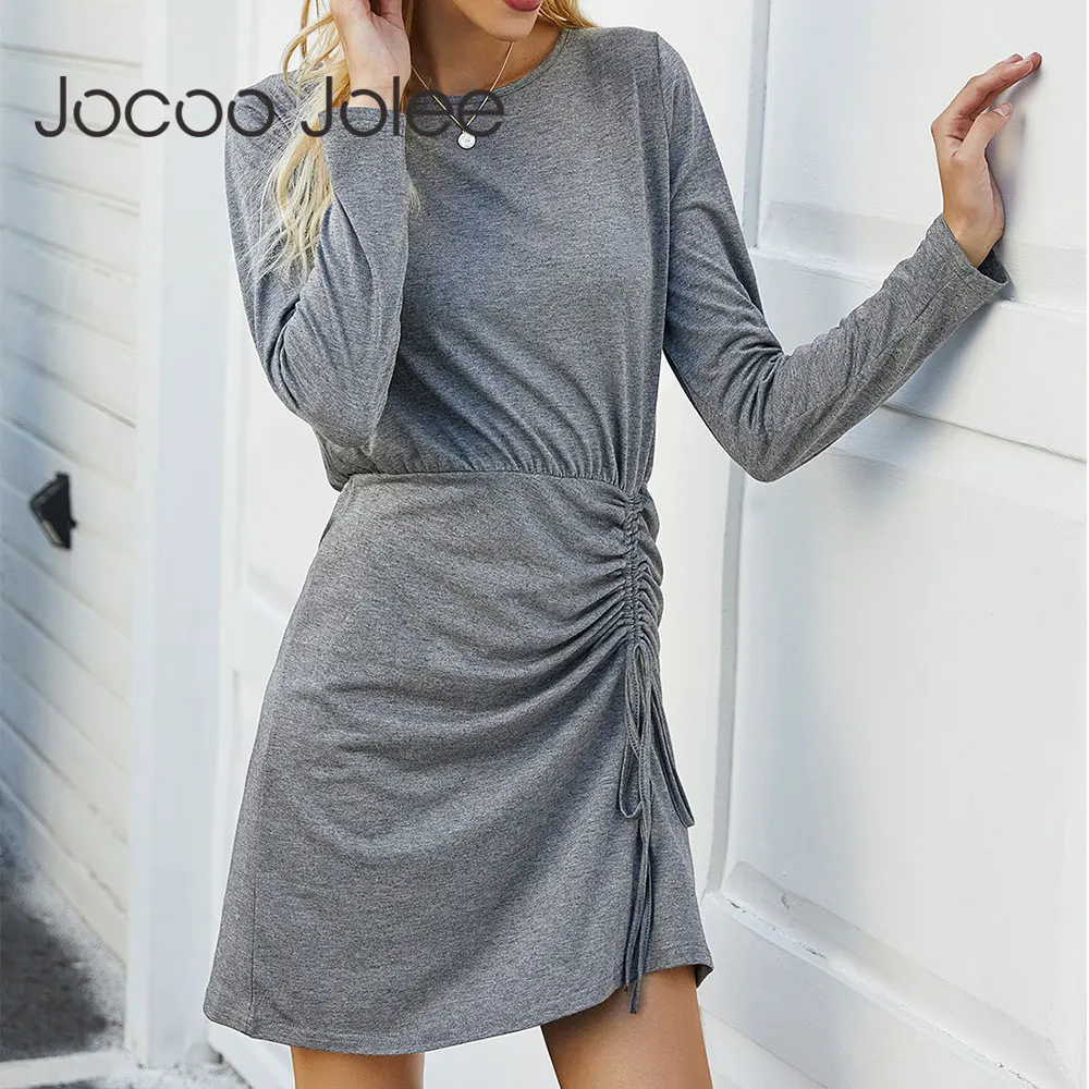 

Осеннее плиссированное платье Jocoo Jolee с длинным рукавом и круглым вырезом, повседневное однотонное платье-футболка, облегающее асимметричн...