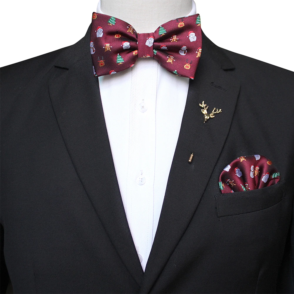 

JEMYGINS Christmas Bow Ties for Men Festival Theme Tie Snowflake Pattern Pocket square Elk brooch set Christmas Party Gift