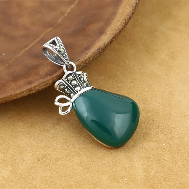

925 Sterling Silver Jewelry Retro Thai Silver Men And Women Fashion Small Bag Marcasite Inlaid Agate Pendant Accessories