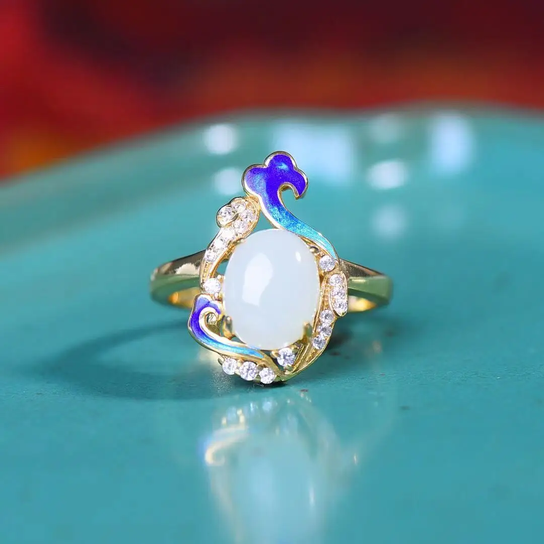 

Natural 925 Silver Inlaid Hetian Jade Enamel Egg Ring