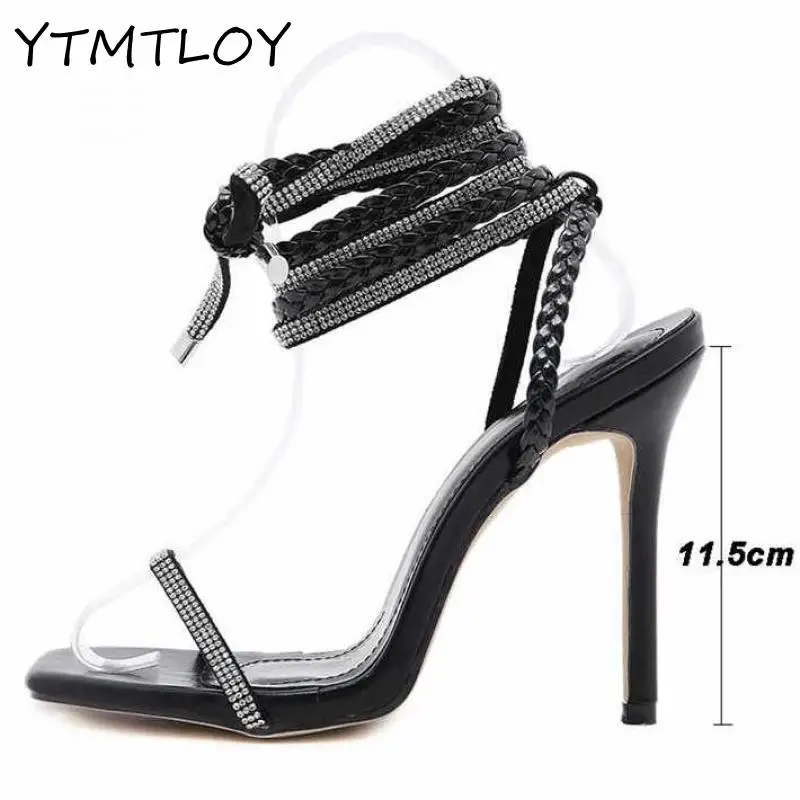 

Summer Sandals Women's Square Toe Crystal Rhinestone Sexy Wedding Shoes Fashion Woven Ankle Strap Stiletto Heels