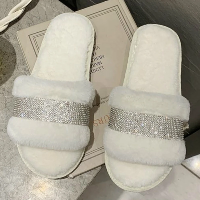 

Winter Luxury Rhinestone Women Warm Fur Slippers Cozy Fluffy Furry Slides Crystal Flat Indoor Slides Design Home Shoes Ladies 43