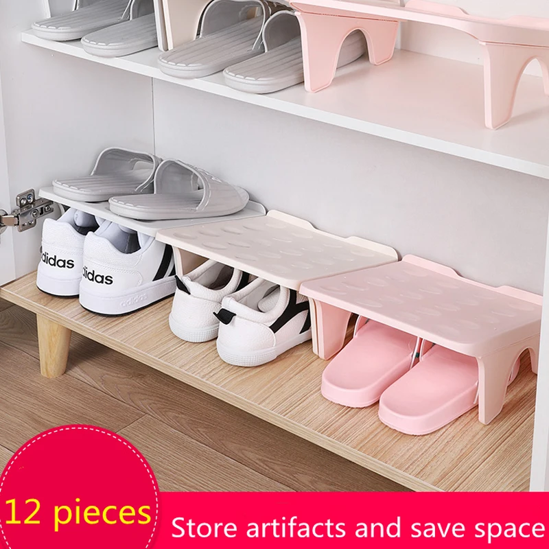 

12pcs Durable Adjustable Shoe Organizer Footwear Support Slot Space Saving Cabinet Closet Stand Shoes Storage Rack Shoebox
