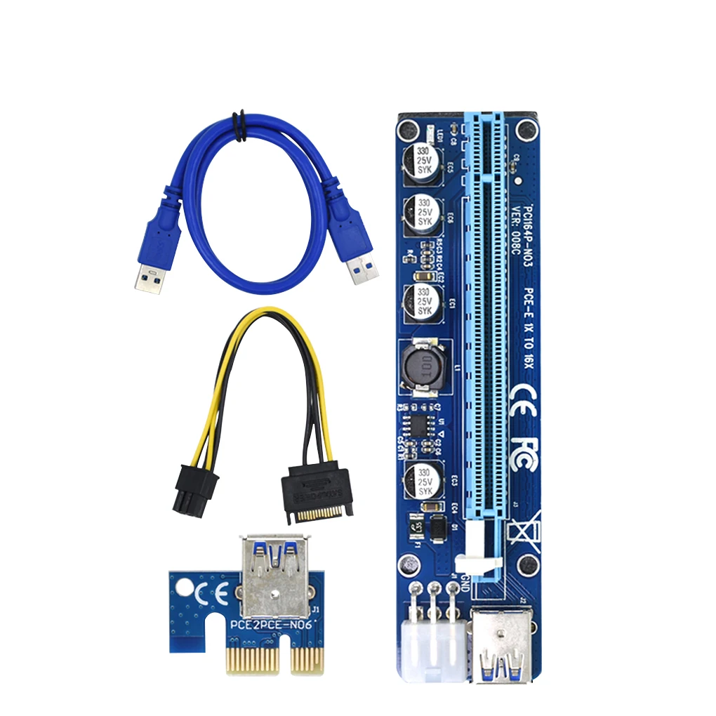 

100 шт., Райзер-карта VER008C, USB, PCI, PCIE, PCI-E, 1X до 16X, Райзер-адаптер 60 см 008C со светодиодом для майнинга графическим процессором