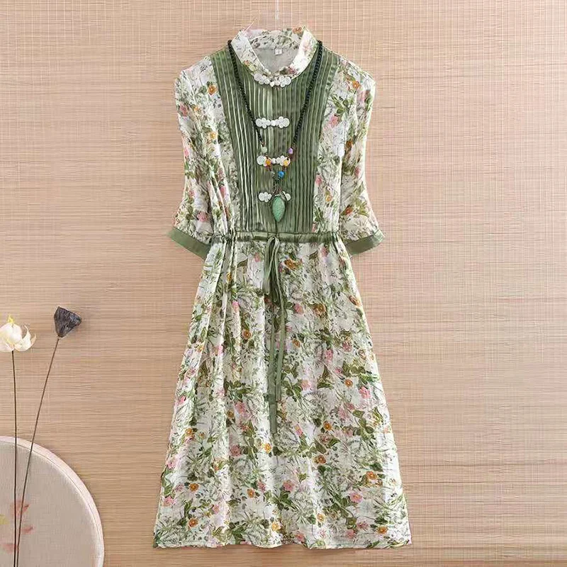 High-End Retro Print Stand Collar Half Sleeves Adjustable Waist Chinese Style Buttons Summer Elegant Lady Qipao Dress S-XXL