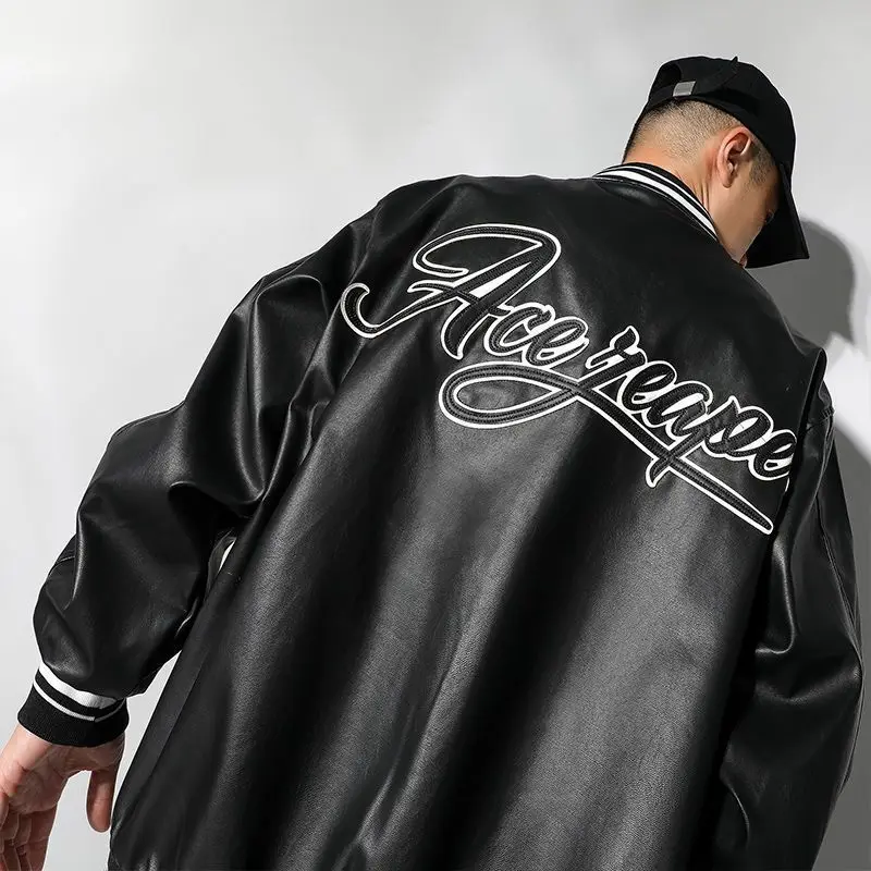 

Embroidered leather jacket men motorcycle jacket autumn 2021 new American fashion high street loose casual baseball jacket trend