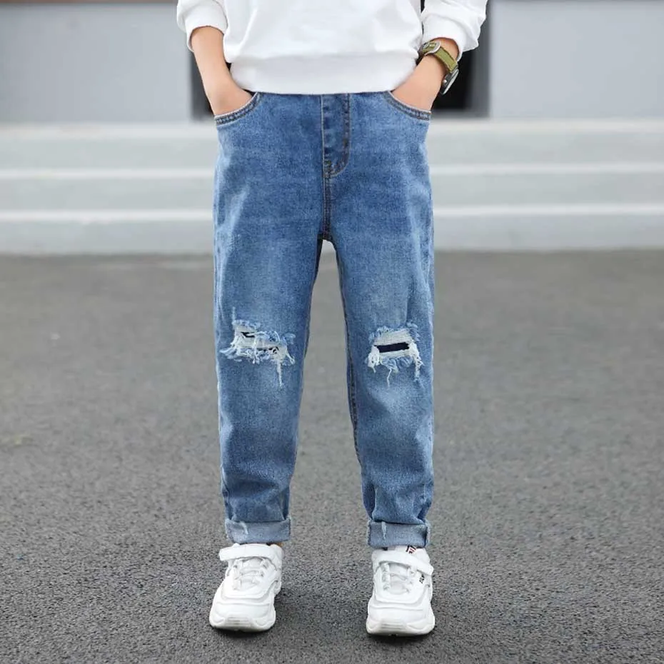 Джинсы с дырками для мальчиков модные штаны эластичным поясом повседневные