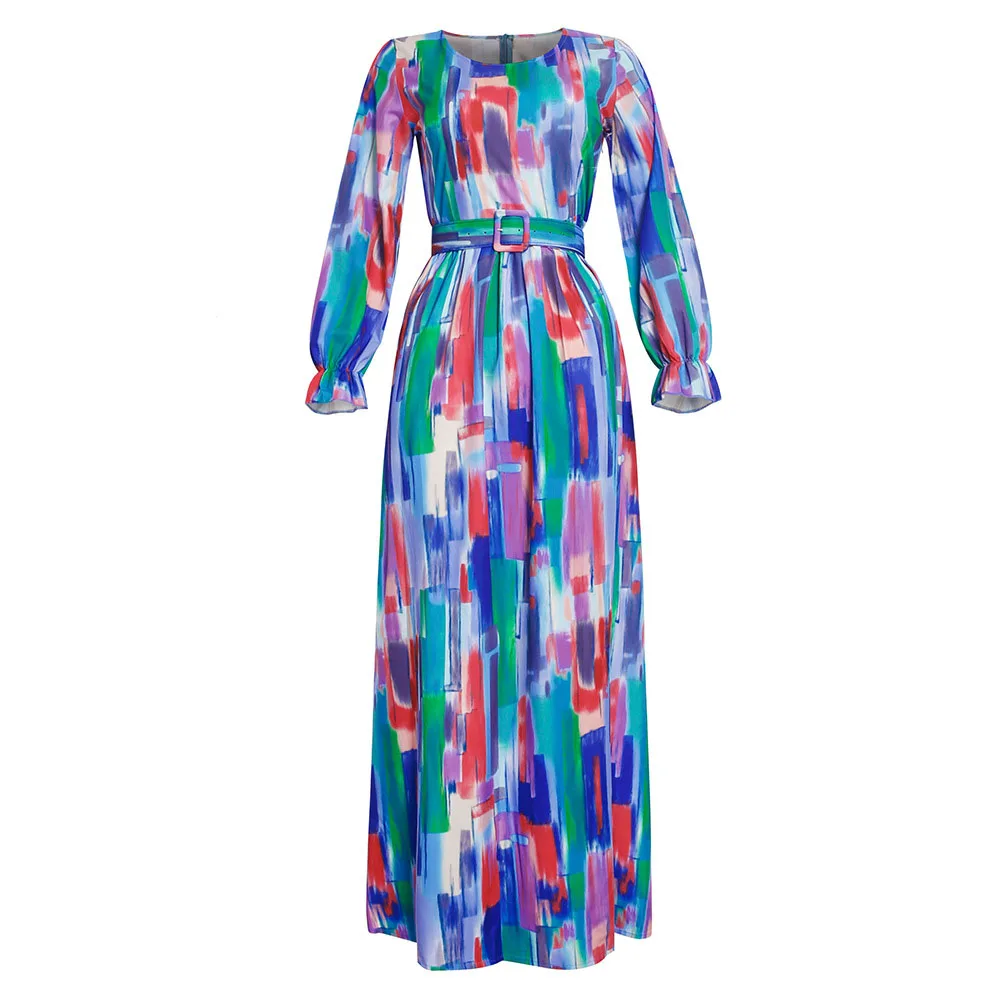 

Western Style Fashion Oversize African Printing Long Sleeve Round Neck Chiffon Women's Dress High Waist Loose Casual