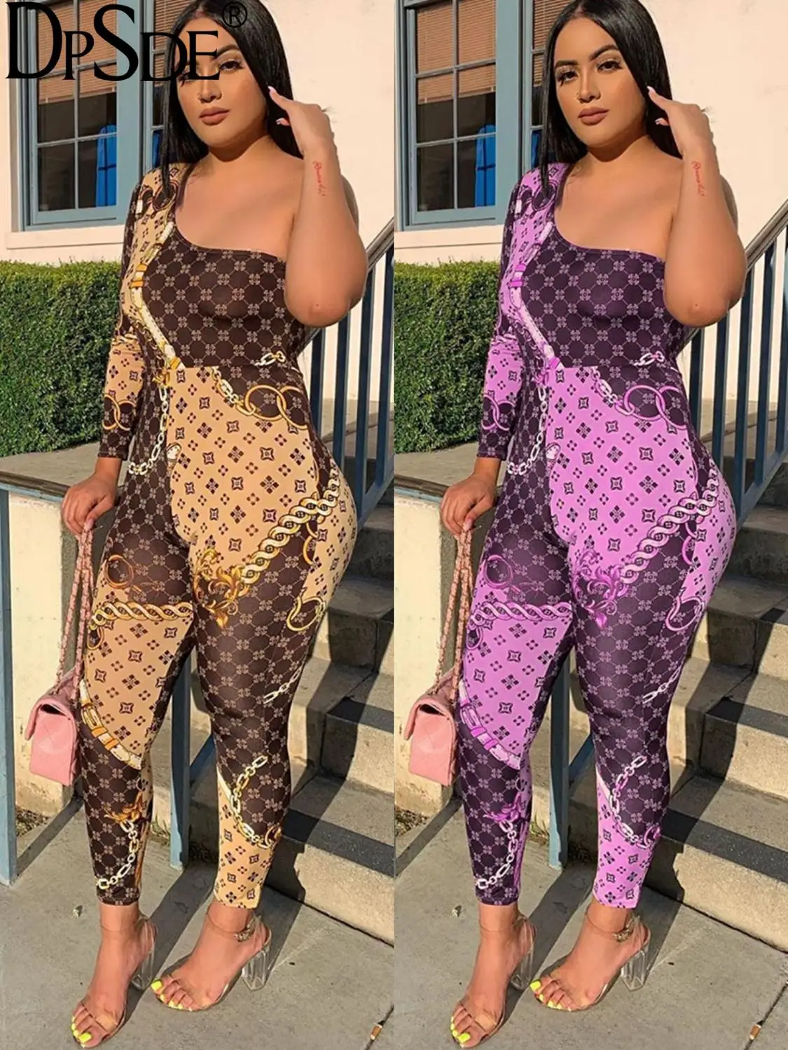 Женский Длинный комбинезон с принтом DPSDE Фиолетовый длинным рукавом и открытой