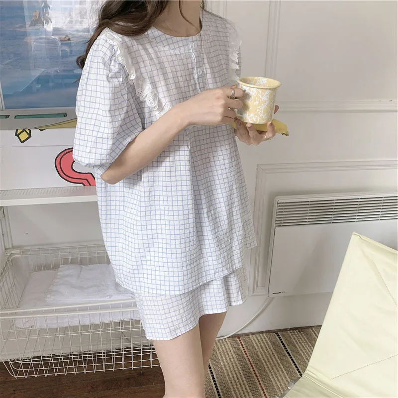 2021 Summer New Women's Pajamas Sets Household Suit Lace Nightgown Bubble Sleeve Cotton Nightwear Lady Sleepwear Sleeping Wear