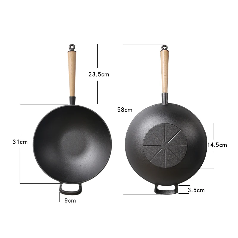 Чугунный вок 31 см с деревянной ручкой чугунный горшок без покрытия|Воки| |