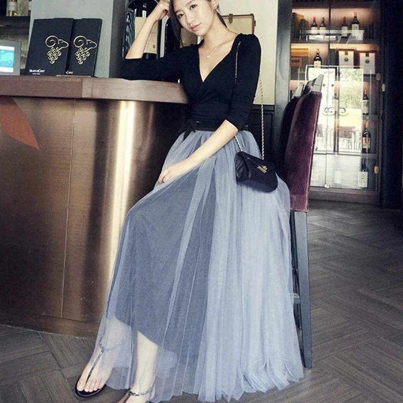 Длинное белое серое Тюлевое Сетчатое юбки для женщин эластичная высокая талия