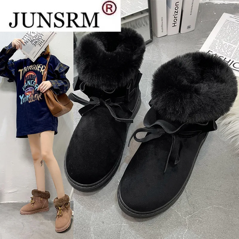

2022 Women Shoes Winter Snow Boots Female Ankle Boot Keep Warm Furry Shoes Knot-bow Flat with Women Shoes Tide Botas De Mujer