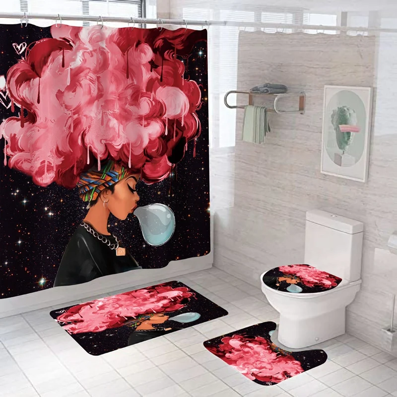 

Fashion Girl Durable Waterproof Shower Curtain Set With Afro Africa Girl Non-Slip Bathroom Mat Rugs