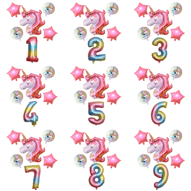 6 шт./лот Розовый Фиолетовый Радужный Единорог шар шары цифры украшения для дня